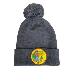 Smokey The Bear Prevent‎ Forest Fires Beanie Hat Grey Pom Pom Knit Granola Girl